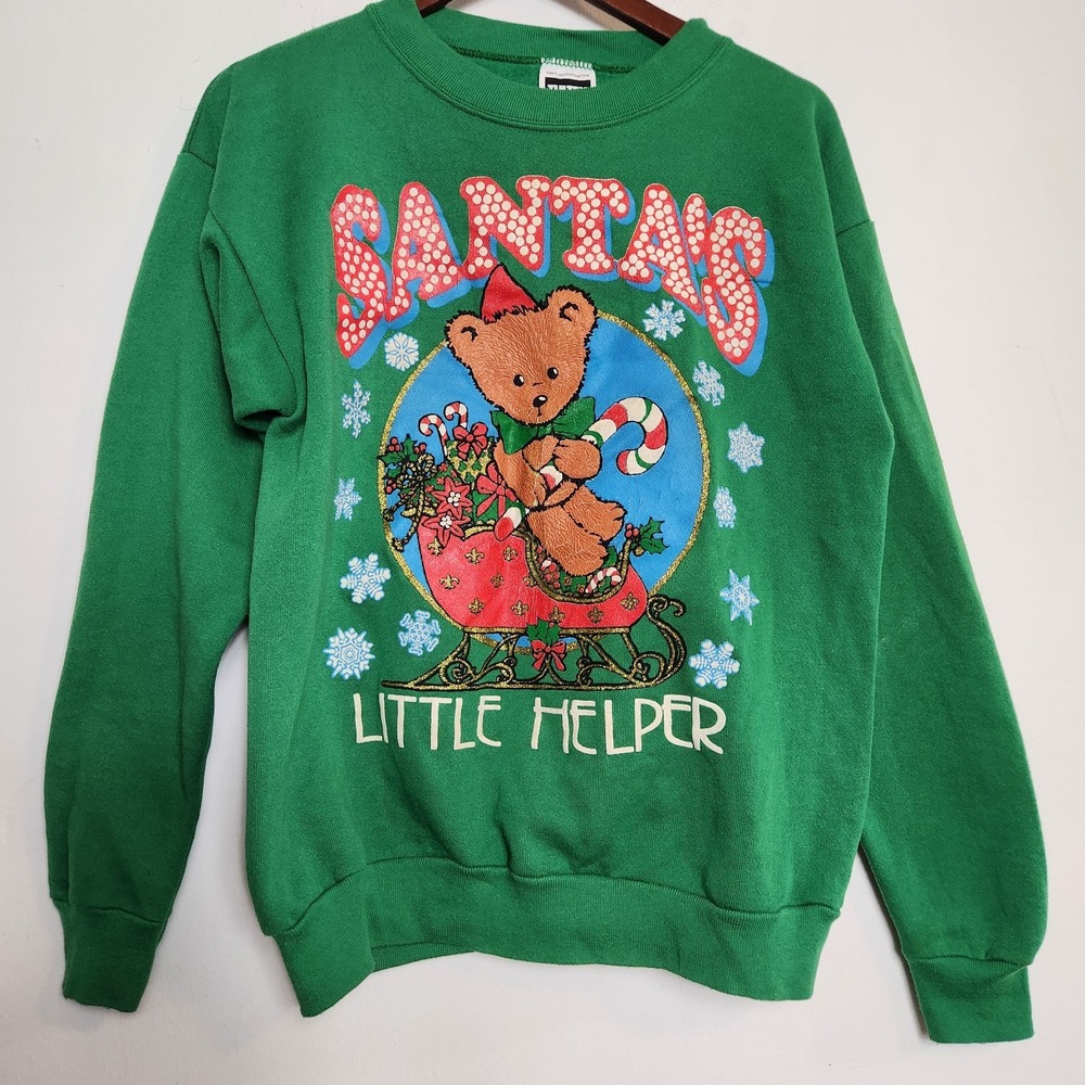 90s Vintage Tultex Red Teddy Bear Christmas Sweatshirt Large Boxy Raglan USA